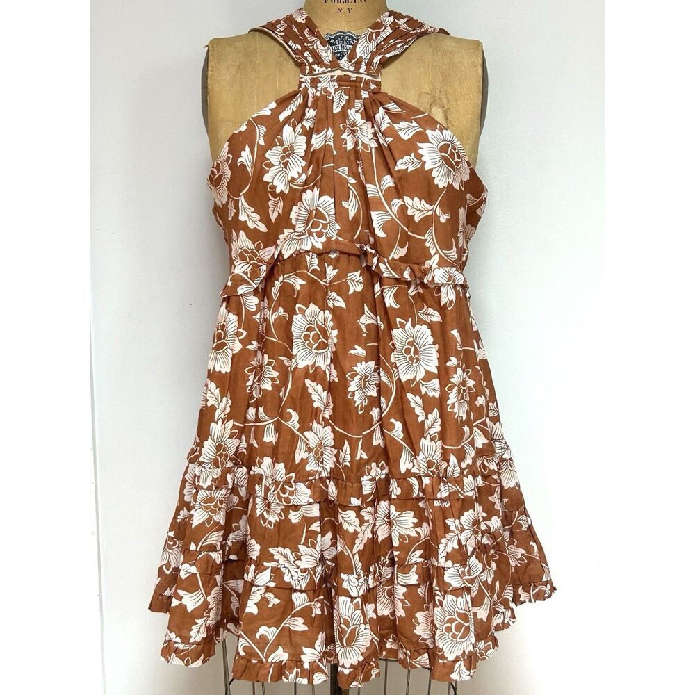 Anthropologie Floral Halter Tiered Ruffle Dress Brown Cream Boho Cottagecore 14P